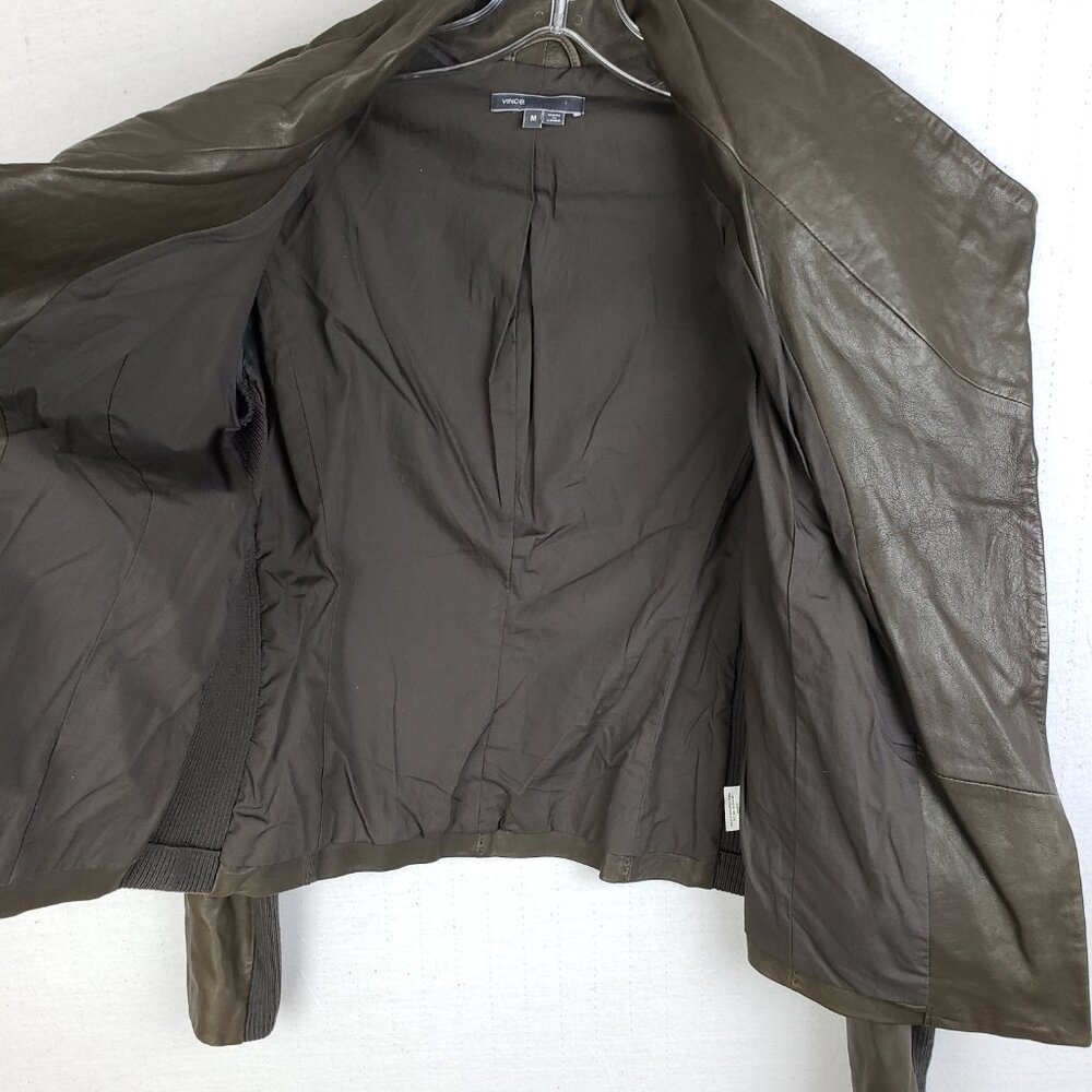VINCE Leather Scuba Jacket Biker Lustrous Asymmetrical Minimalist Taupe Gray M - Picture 14 of 16